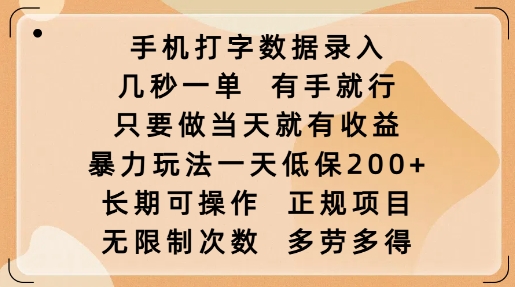 手机打字数据录入，几秒一单，有手就行，只要做当天就有收益，暴力玩法一天低保2张-蚂蚁汇资源分享项目网