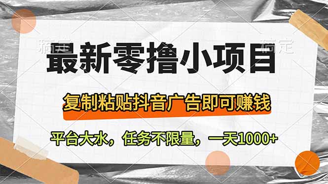 最新零撸小项目，复制粘贴抖音广告即可赚钱，平台大水，任务不限量，一…-蚂蚁汇资源分享项目网