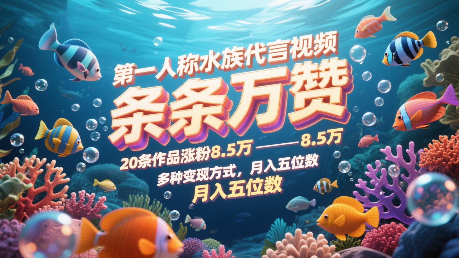 第一人称水族代言视频,条条万赞,20条作品涨粉8.5万,多种变现方式月,入五位数-蚂蚁汇资源分享项目网