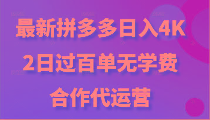 最新拼多多，日入4K+，2日过百单无学费，合作代运营-蚂蚁汇资源分享项目网