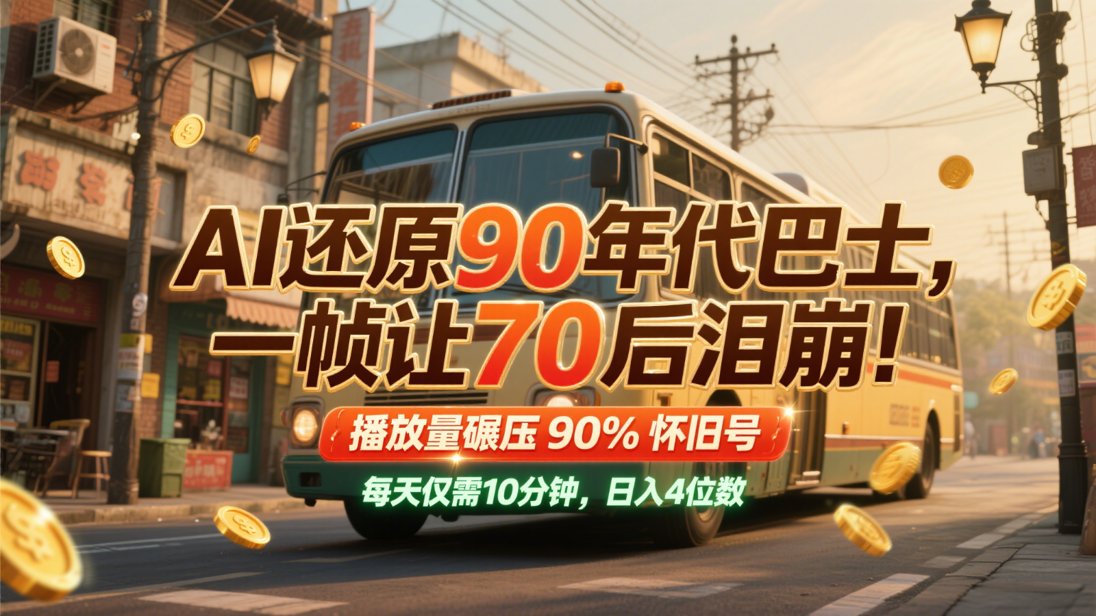 AI还原90年代巴士,一帧让70后泪崩!播放量碾压90%怀旧号,每天10分钟,日入4位数-蚂蚁汇资源分享项目网